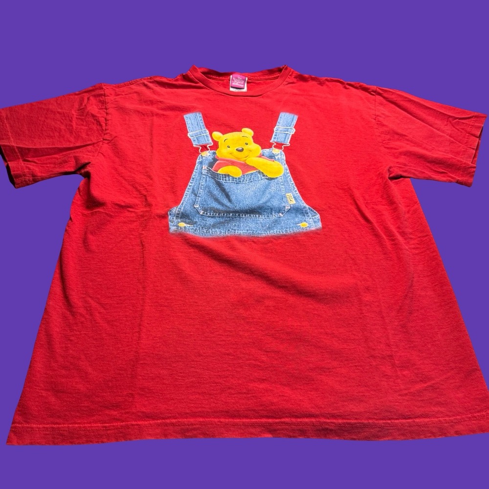 Disney Wonderful World Winnie the Pooh T Shirt XL Red Denim Overalls Graphic